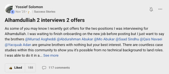 Member success post from the CoderCo community