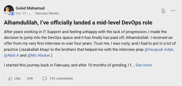 Member success post from the CoderCo community