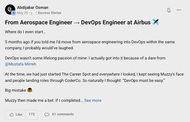 Member success post from the CoderCo community
