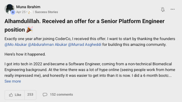 Member success post from the CoderCo community