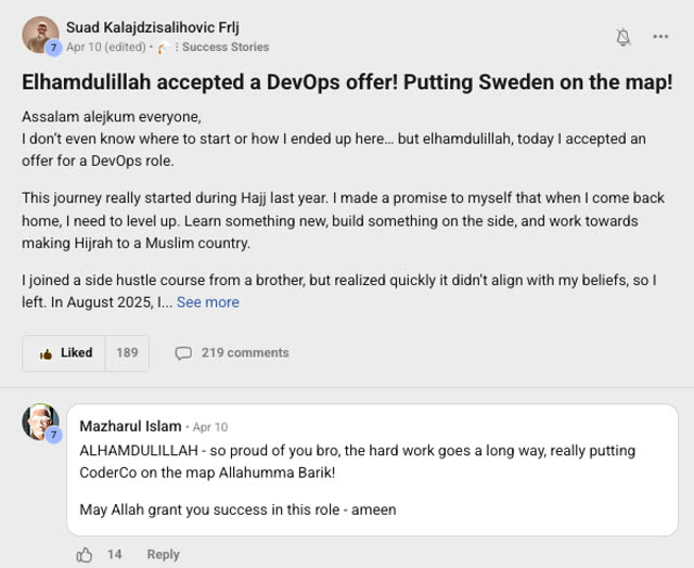 Member success post from the CoderCo community