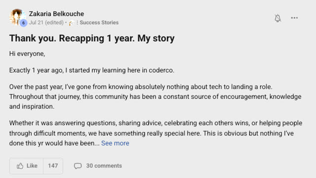 Member success post from the CoderCo community