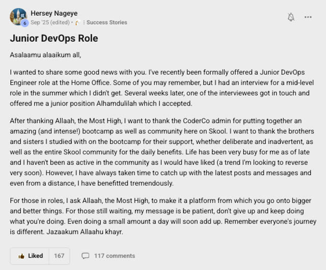 Member success post from the CoderCo community