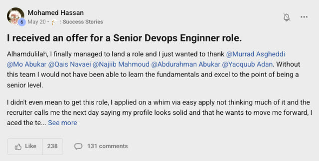 Member success post from the CoderCo community
