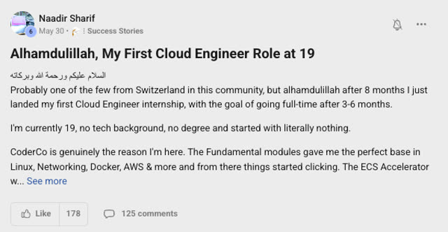 Member success post from the CoderCo community
