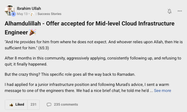 Member success post from the CoderCo community