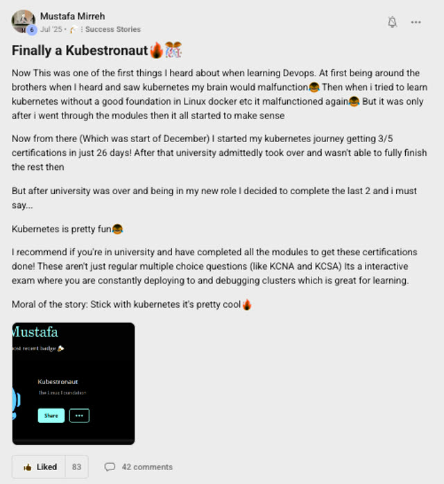 Member success post from the CoderCo community