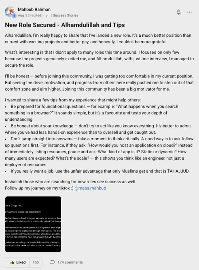 Member success post from the CoderCo community