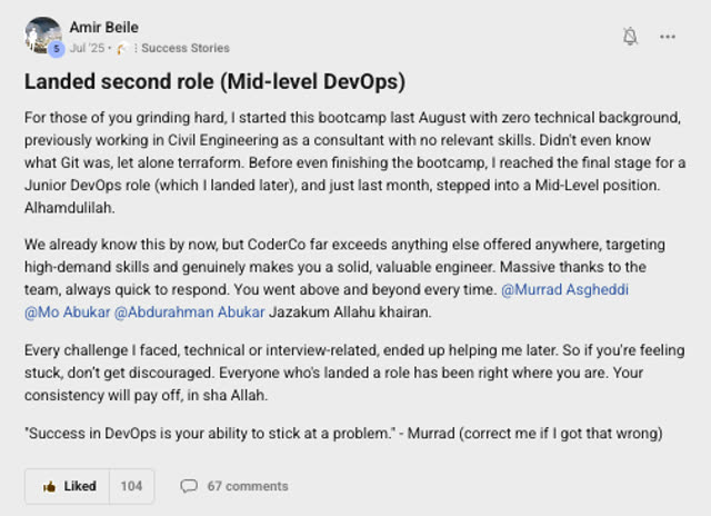 Member success post from the CoderCo community