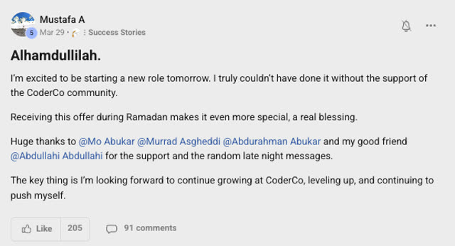 Member success post from the CoderCo community