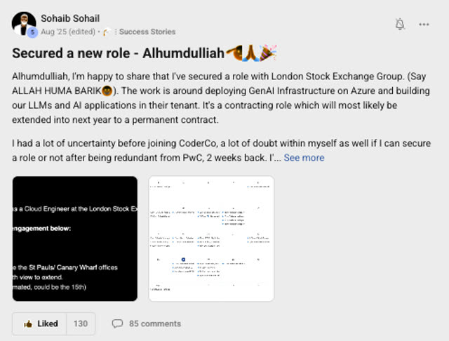 Member success post from the CoderCo community
