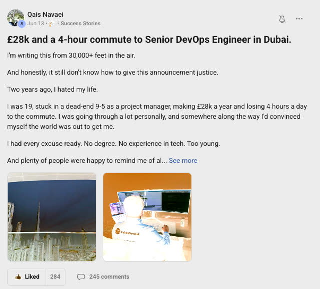Member success post from the CoderCo community