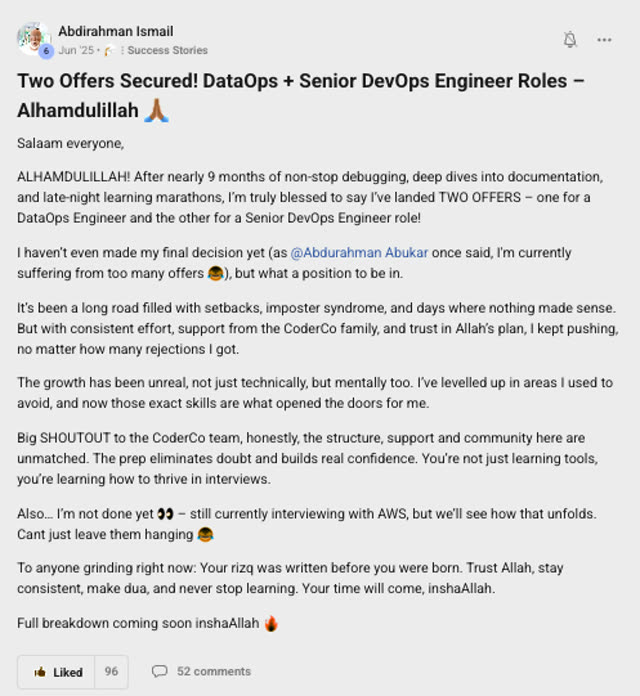 Member success post from the CoderCo community