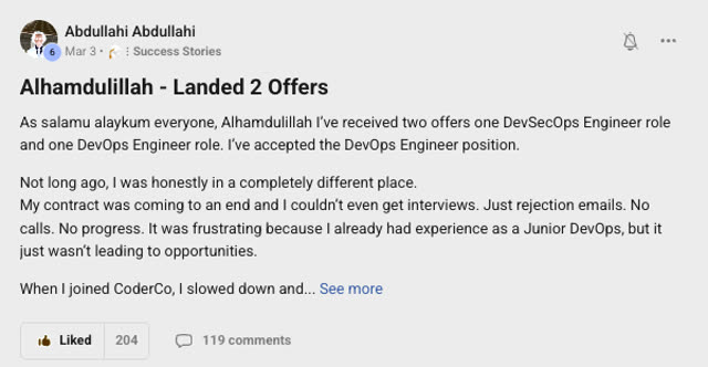 Member success post from the CoderCo community