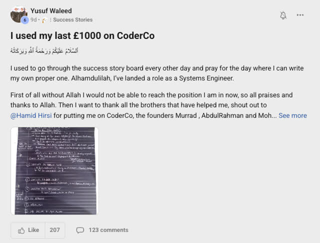 Member success post from the CoderCo community