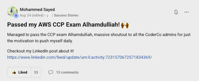 Member success post from the CoderCo community
