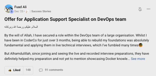 Member success post from the CoderCo community