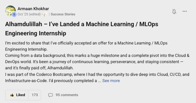 Member success post from the CoderCo community