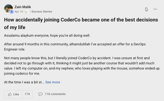 Member success post from the CoderCo community
