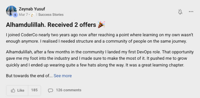 Member success post from the CoderCo community
