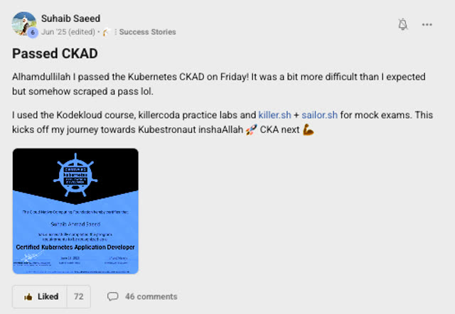 Member success post from the CoderCo community