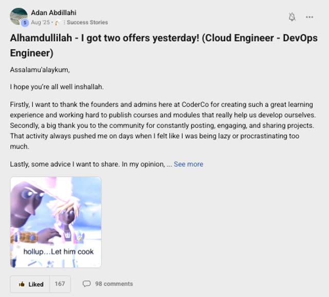 Member success post from the CoderCo community