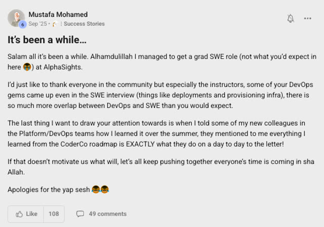 Member success post from the CoderCo community