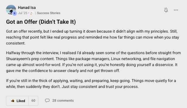 Member success post from the CoderCo community