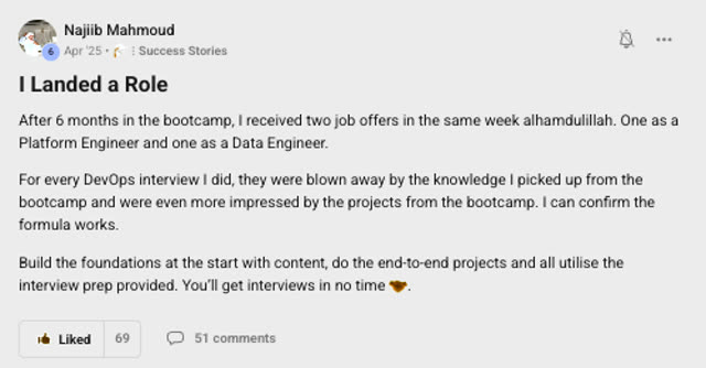 Member success post from the CoderCo community
