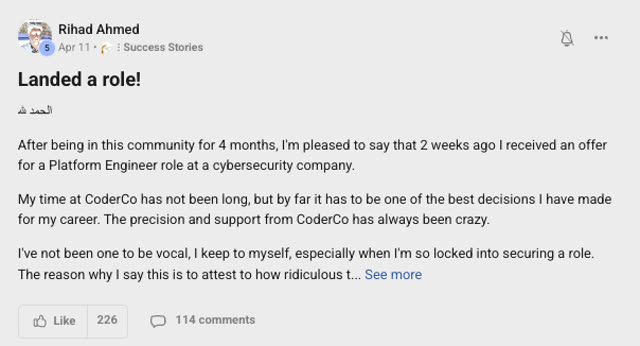 Member success post from the CoderCo community