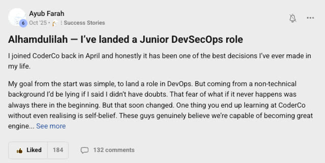 Member success post from the CoderCo community