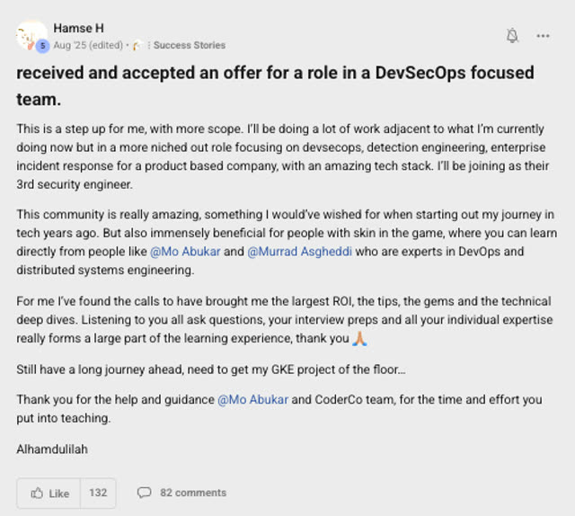 Member success post from the CoderCo community