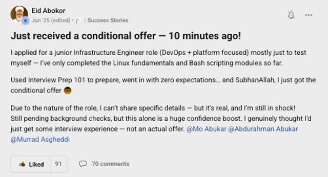 Member success post from the CoderCo community