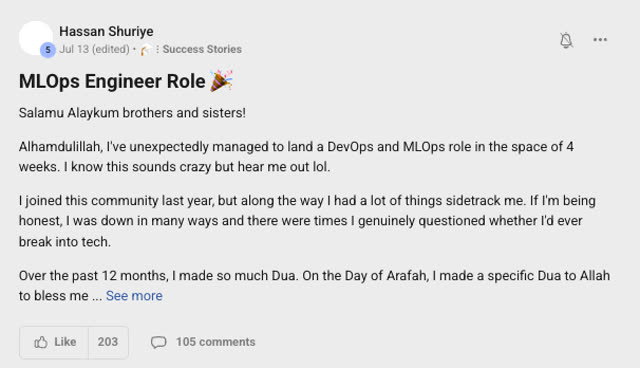 Member success post from the CoderCo community