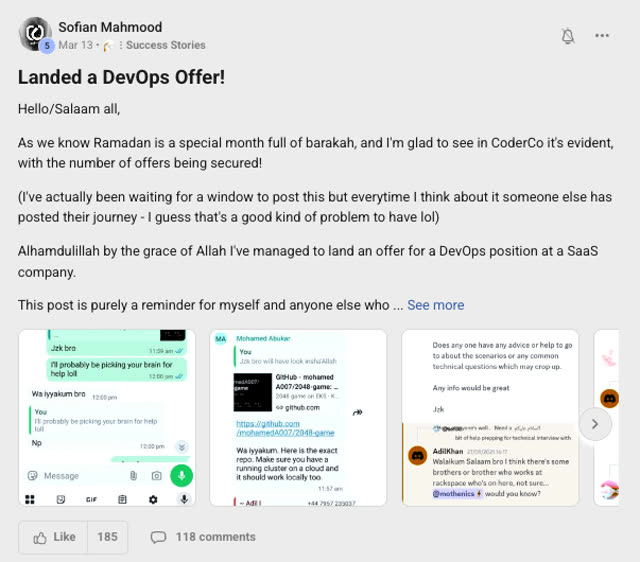 Member success post from the CoderCo community