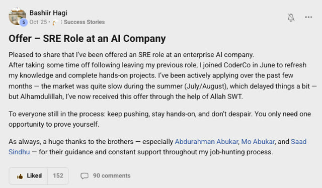 Member success post from the CoderCo community