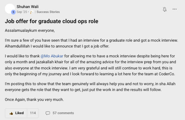 Member success post from the CoderCo community