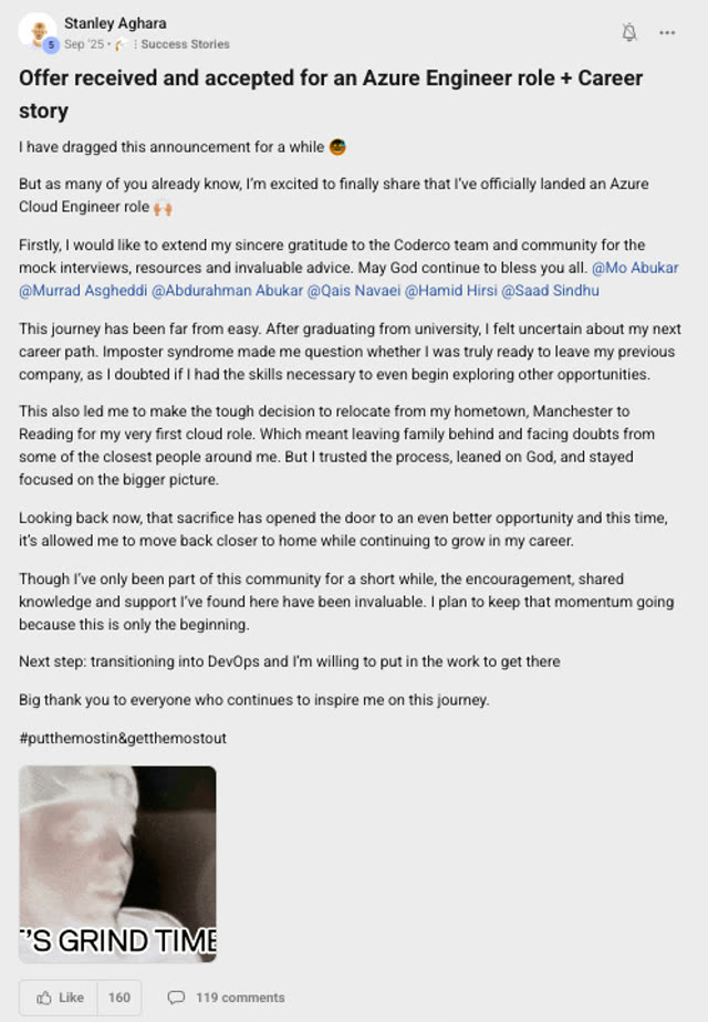 Member success post from the CoderCo community