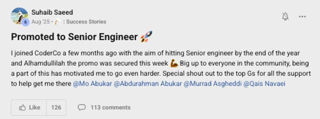 Member success post from the CoderCo community