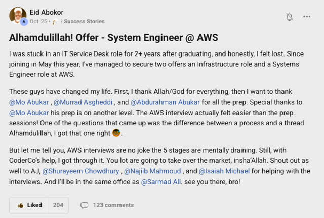 Member success post from the CoderCo community