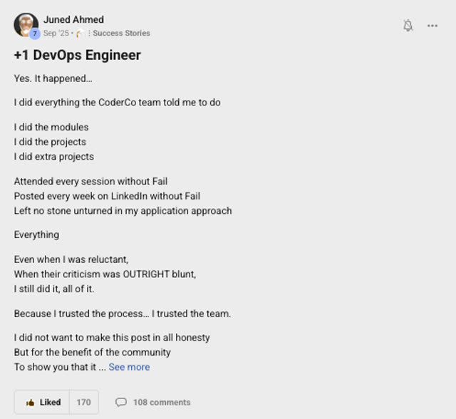 Member success post from the CoderCo community