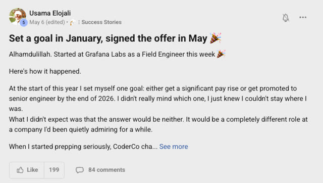 Member success post from the CoderCo community