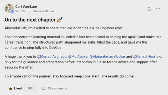 Member success post from the CoderCo community