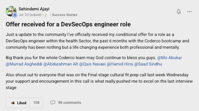 Member success post from the CoderCo community