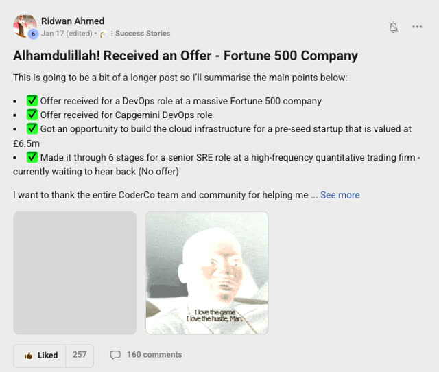 Member success post from the CoderCo community