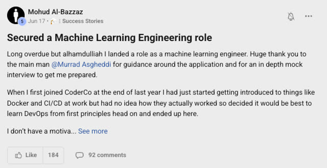 Member success post from the CoderCo community