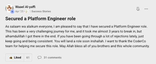 Member success post from the CoderCo community