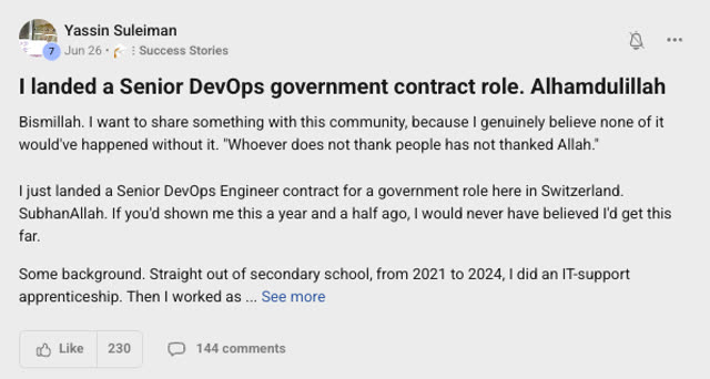 Member success post from the CoderCo community