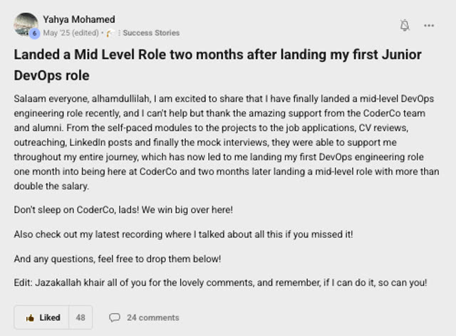 Member success post from the CoderCo community