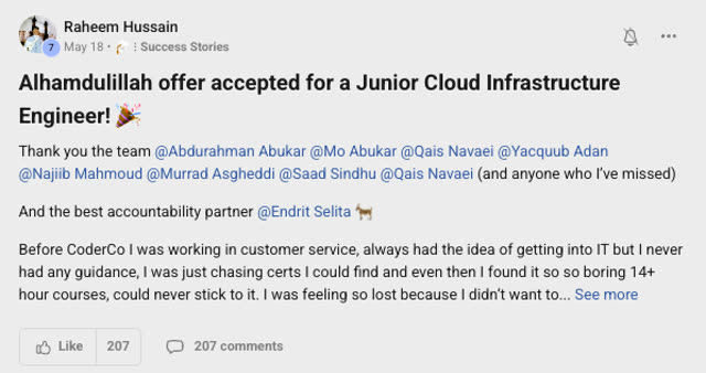 Member success post from the CoderCo community